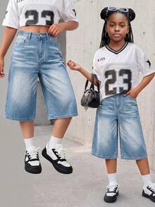 SHEIN Girls'Y2K Style Loose Bermuda Light Blue Denim Jeans,7/8 Length,Mid-Rise Washed Summer Casual School Back-To-School Cute & Cool Outfit For Travel - Blue - View 3
