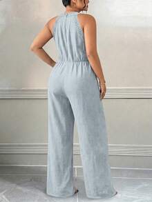 Celure Plus Size Women Textured Lace Patchwork Tie-Up Jumpsuit - Light Grey - View 2