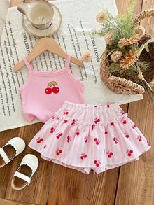 SHEIN LMoss Kids 2件套女婴针织纯色碎花图案吊带背心和短裤套装 - 粉色 - 查看 8