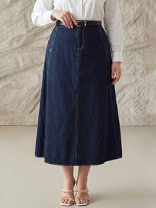 MOTF PREMIUM CHÂN VÁY DENIM MÀU XANH DƯƠNG THANH LỊCH DÀNH CHO NGƯỜI CÓ VÓC DÁNG LỚN - Màu xanh lam - Xem 3