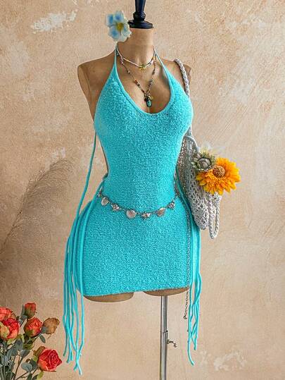 Soleia New Sexy V-Neck Backless Fitted Patchwork Tassel Sweater Dress, Suitable For Holiday, Date, Afternoon Tea, Beach, Cruise, City Vacation, All Seasons, Music Festival, Boho Vacation