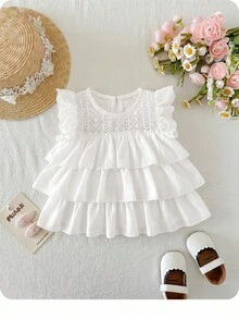 SHEIN Babygirl Cute Vacation Versatile Ruffle Lace Trim Flutter Sleeve Top - White - View 3