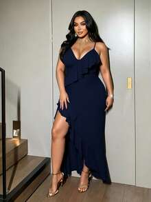 NU&NOW Plus Size Spaghetti Strap High Slit Ruffle Hem Red Party Dress - Navy Blue - View 4