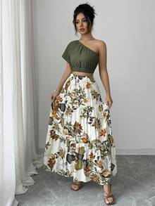 Selianne Boho Women's Asymmetrical Neck Crop Blouse With Raglan Short Sleeve And Ruffle Hem Skirt Two Piece Set,Army Green,Summer,Holiday,Vacation,Holiday - Multicolor - View 4