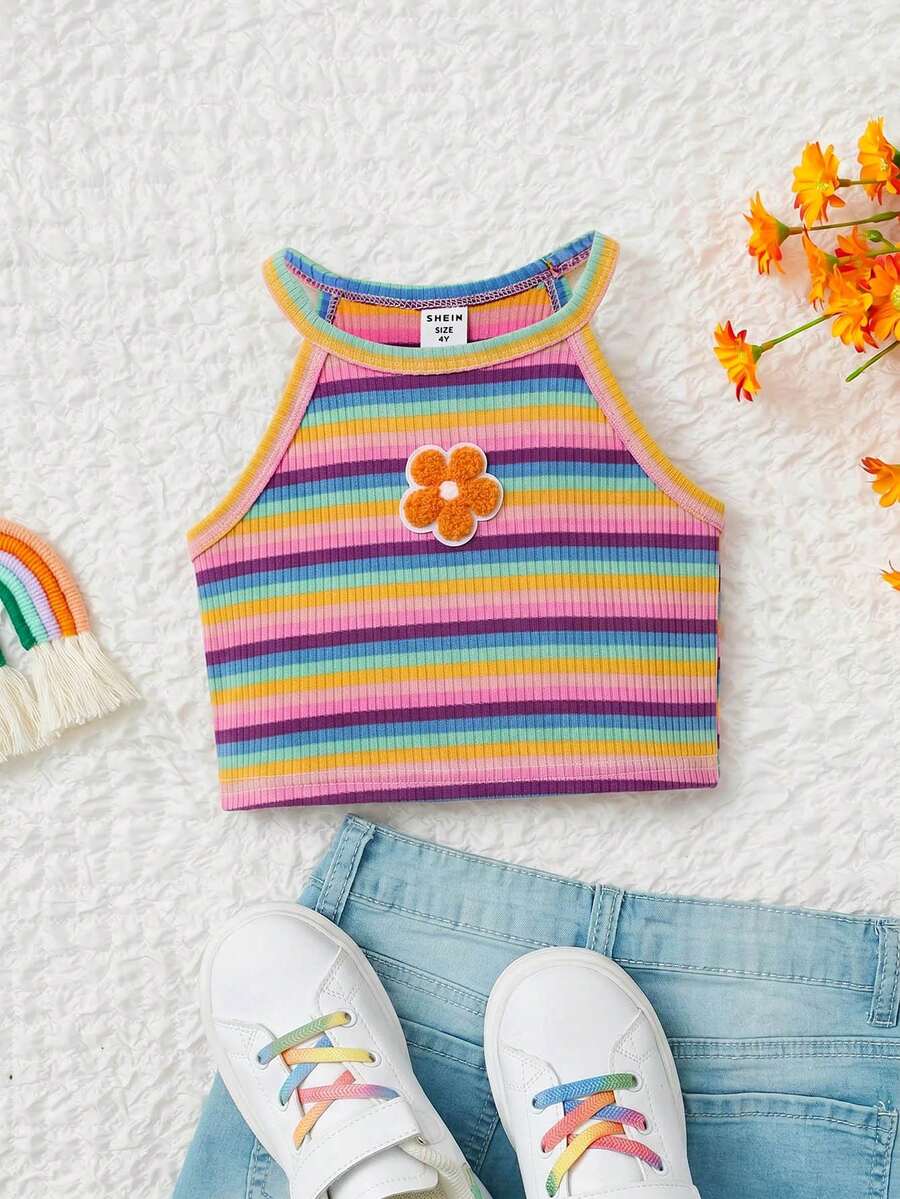 SHEIN Áo hai dây dệt kim kẻ sọc cho bé gái - Nhiều màu - Xem 1
