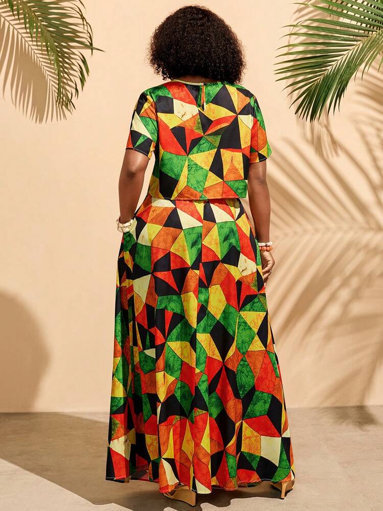 Plus Size Geometric Print Top And Skirt Two Pieces Set, Casual Holiday Outfit Summer Summer Outfit For Women Festival Outfits For Women Beach Outfits For Women Vacation Outfits Women Holiday Outfits  For Women Casual Sets For Women