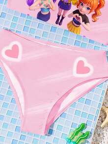 Sweet Girl Soft Pink, K-POP Cartoon Cute Girl & Heart Pattern, Tween Girl Casual Minimalist Tankini Swimsuit Set, Suitable For Summer - Multicolor - View 4
