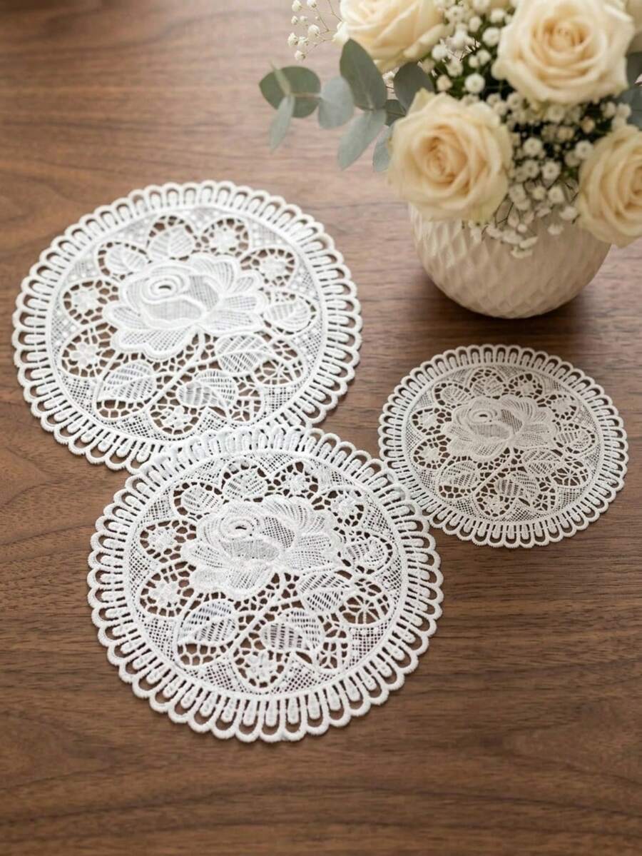 Cirelle 1pc Elegant Floral Embroidered Lace Placemats - Handmade Style Floral Doilies - Shabby Chic Table Coasters - Multicolor - View 1