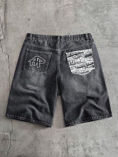 AXEPEAK Men's Letter Print Casual Loose Denim Shorts, Spring/Summer