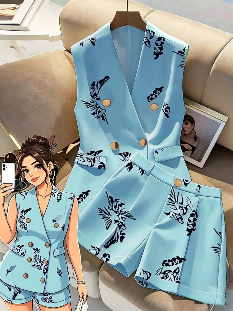SHEIN Clasi 时尚优雅V领无袖收腰数码印花两件套,大码,春夏款 - 藍色 - 查看 1