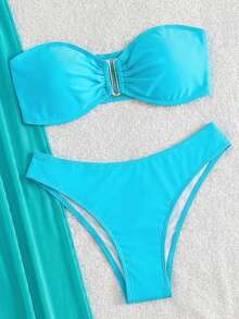 Costavie 3pcs Solid Color Bikini Set For Beach Vacation - Blue - View 3