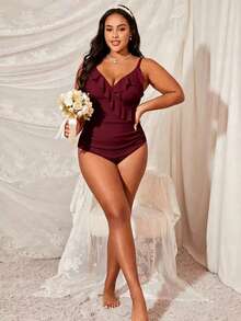 Slaydiva Áo tắm liền thân cỡ lớn dành cho nữ, màu trơn, có bèo nhún và dây đeo. - Màu Đỏ Sâu - Xem 5