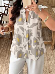 Weeklong Plus Size Women Spring/Summer Placement Print Sleeveless Casual Vacation Shirt Blouse - Multicolor - View 3