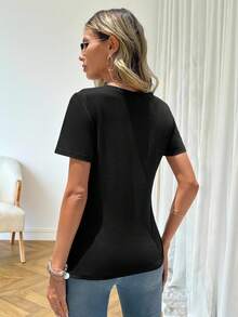 Easowa Áo thun trơn xếp ly xẻ tà, phong cách thường ngày. - màu đen - Xem 2