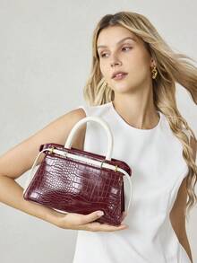 MOTF PREMIUM BOLSO DE MANO PARA DAMAS, BOLSO DE VIAJE CON HEBILLA EXQUISITA Y CONTRASTANTE - Patrón de cocodrilo rojo y blanco - Ver 9