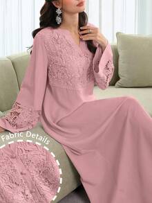 Al Najma V-Neck Flare Sleeve Patchwork 3D Embroidered Floral Trim Robe, Spring/Summer - Blush Crush - View 8