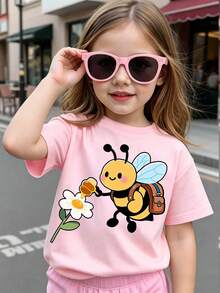 Elladie kids 可爱蜜蜂花卉印花休闲基础款短款T恤，舒适百搭，适合女宝宝春夏秋季日常穿着 - 粉色 - 查看 4