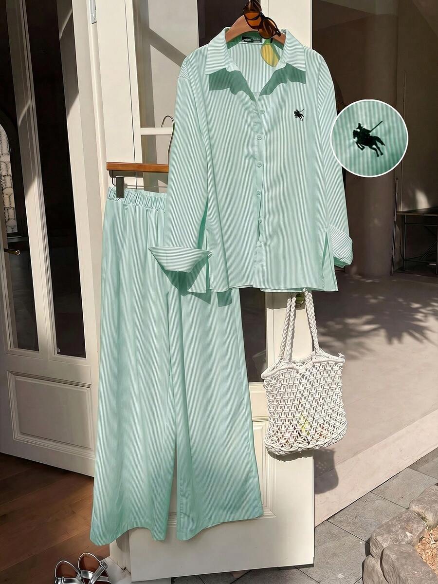 SHEIN EZwear 大码休闲条纹长袖衬衫套装 - 綠色 - 查看 1