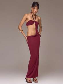 MUSERA Đầm maxi cổ yếm buộc dây, khoét eo, đính hạt, phong cách mùa xuân hè, kỳ nghỉ ở Ibiza (Roja De Sol). - Màu Đỏ Sâu - Xem 5