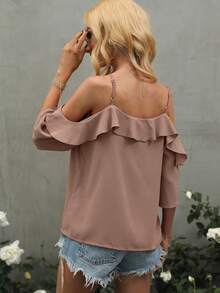 SHEIN Clasi 女士纯色露肩荷叶边休闲百搭日常短袖衬衫 - 卡其色 - 查看 2