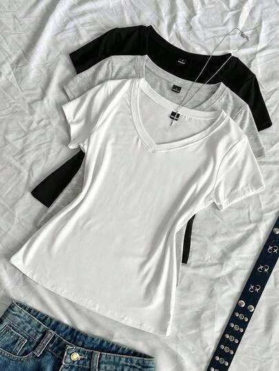SHEIN EZwear 3 pièces T-shirts moulants d'été à col V pour femmes, T-shirts basiques à col V à manches courtes slim fit de sous-culture punk anime de couleur unie