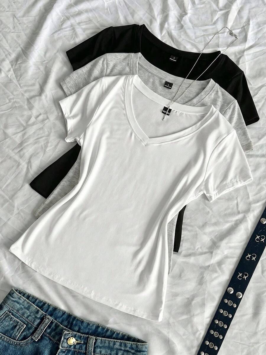 SHEIN EZwear 3件装女士夏季V领紧身T恤,朋克亚文化动漫纯色基础款V领短袖修身T恤 - 彩色 - 查看 1