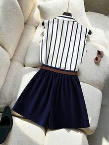 Franclia Women's Sleeveless Striped Shirt Blouse And Loose Shorts Set, Spring/Summer - Multicolor - View 2