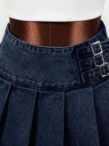 Mistrie Rok Mini Denim Lipit Kasual Wanita, Musim Panas - Dark Wash - View 6