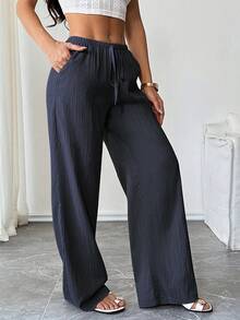 SHEIN Tall 女款休閒度假通勤純色打結腰寬鬆寬腿褲，附側口袋，適合高個女性 - 藏蓝色 - 查看 3