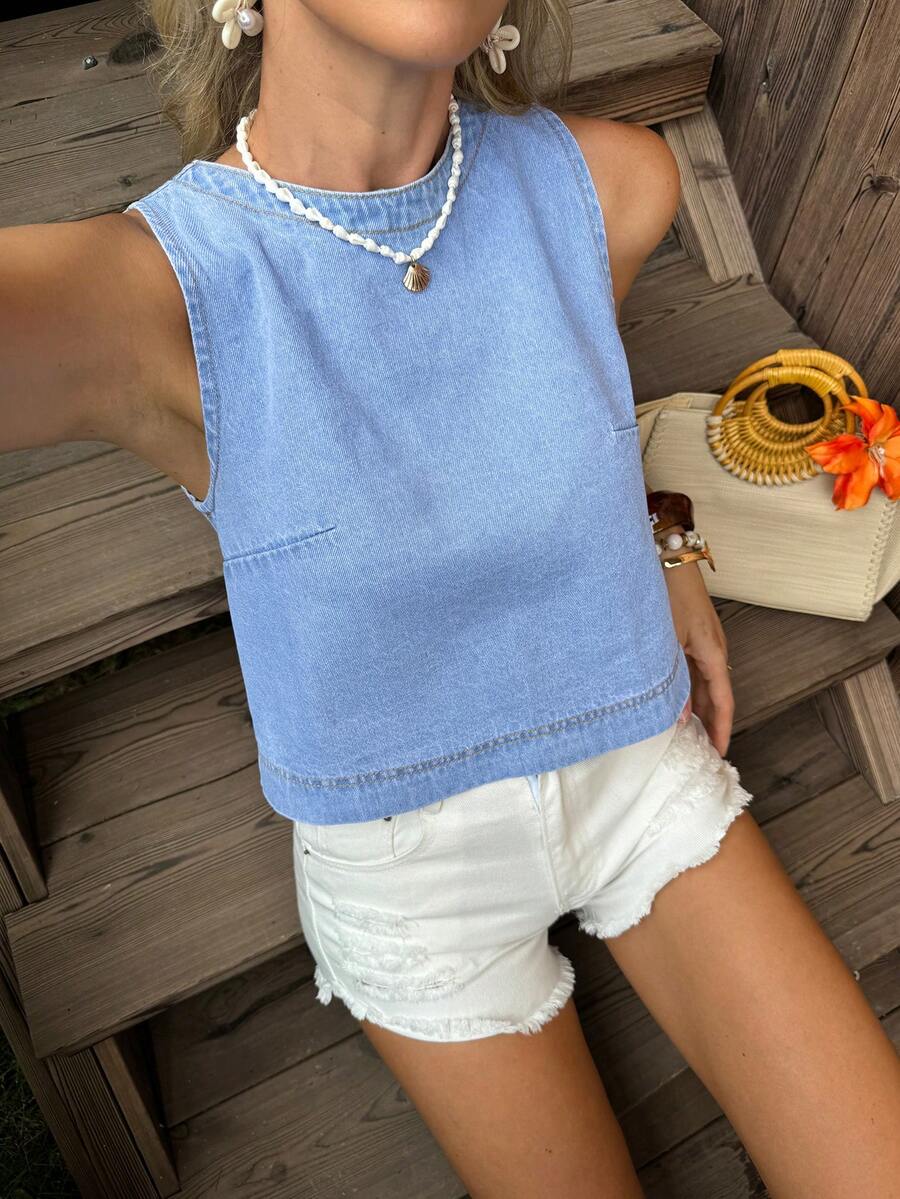 SHEIN Holidaya Áo denim nữ không tay, kiểu dáng thường ngày, hở lưng, buộc dây - Màu xanh lam - Xem 1
