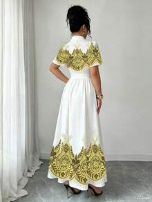 Elenzga Đầm dài cài cúc phía trước in họa tiết lá vàng sang trọng dành cho nữ - trắng - Xem 2