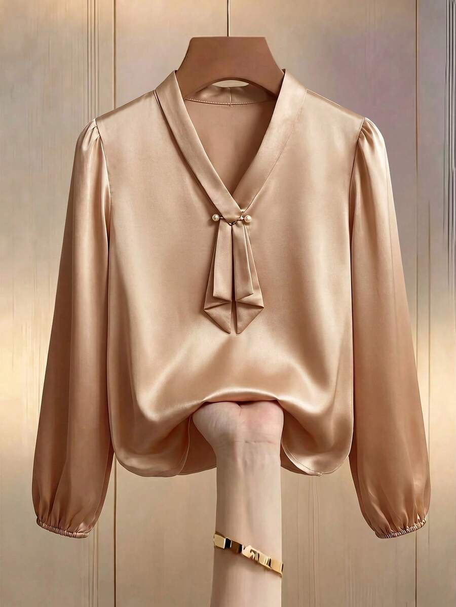 Miaspire Áo kiểu tay loe bằng vải chiffon màu sâm panh thanh lịch, mẫu mới đa năng cho mùa xuân/hè, quà tặng Ngày của Mẹ cho mẹ. - Rượu sâm banh - Xem 1
