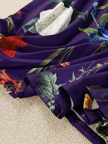 EMERY ROSE Plus Size Floral Print Elastic Waist Casual 90s Skirt Summer Tea Party Purple - Red Violet - View 4
