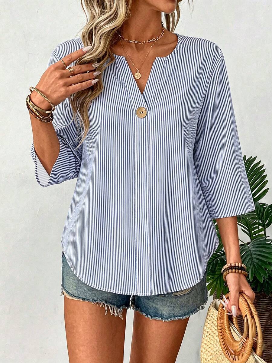 EMERY ROSE Plus Size Women's Casual V-Neck Striped Shirt Fall - Multicolor - View 1