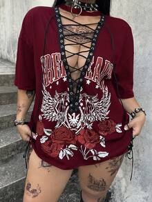 Whyspr 暗黑朋克复古黑色摩托车摇滚图案抽绳女式T恤 - 酒紅色 - 查看 7