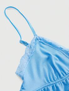 ROMWE Women Ribbed Lace Patchwork Camisole And Casual Shorts Pajama Set - Blue - View 5
