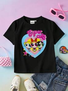 THE POWERPUFF GIRLS X SHEIN 少女圆领卡通字母印花休闲百搭日常穿T恤 - 黑色 - 查看 1
