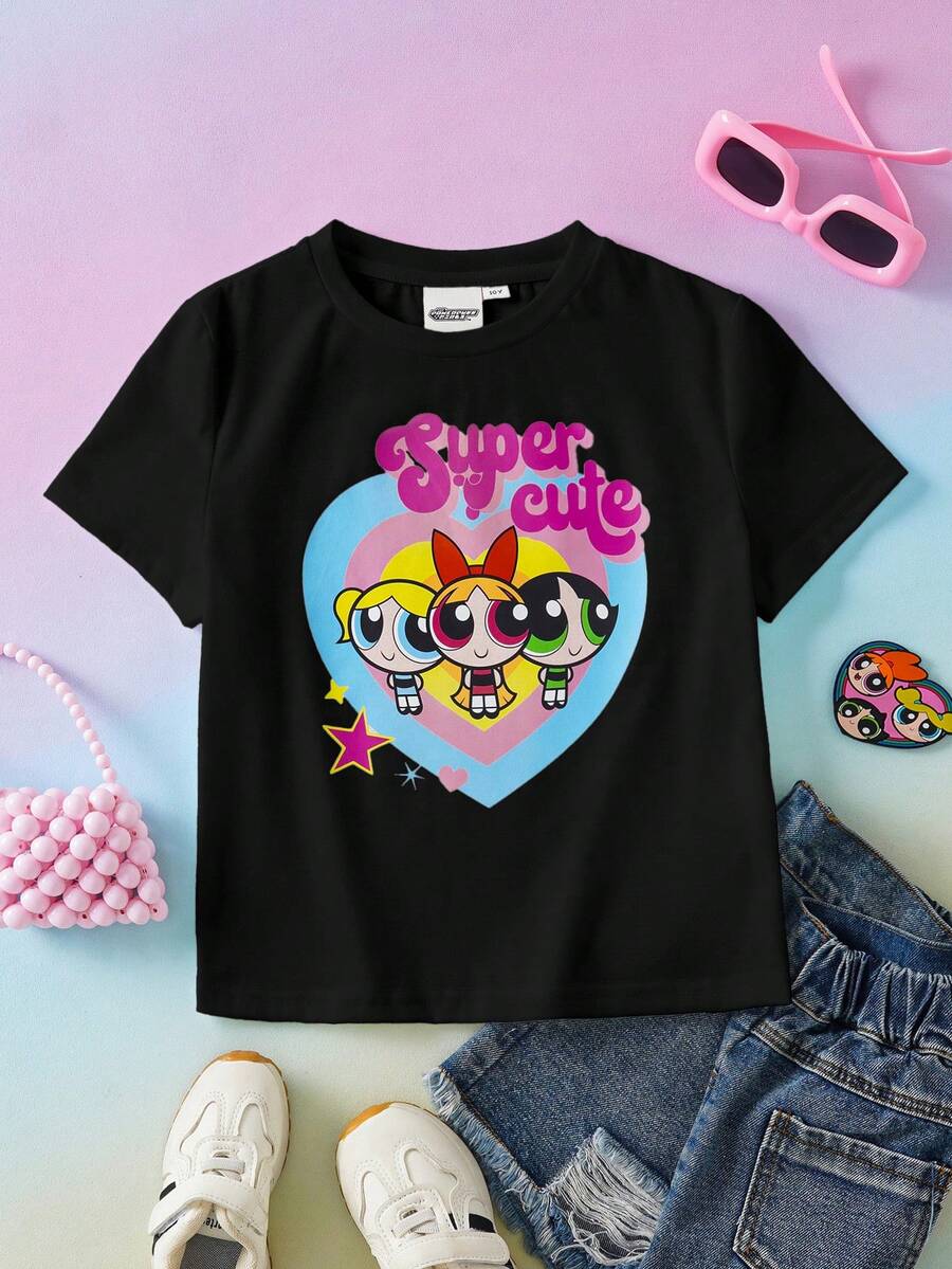 THE POWERPUFF GIRLS X SHEIN 少女圆领卡通字母印花休闲百搭日常穿T恤 - 黑色 - 查看 1