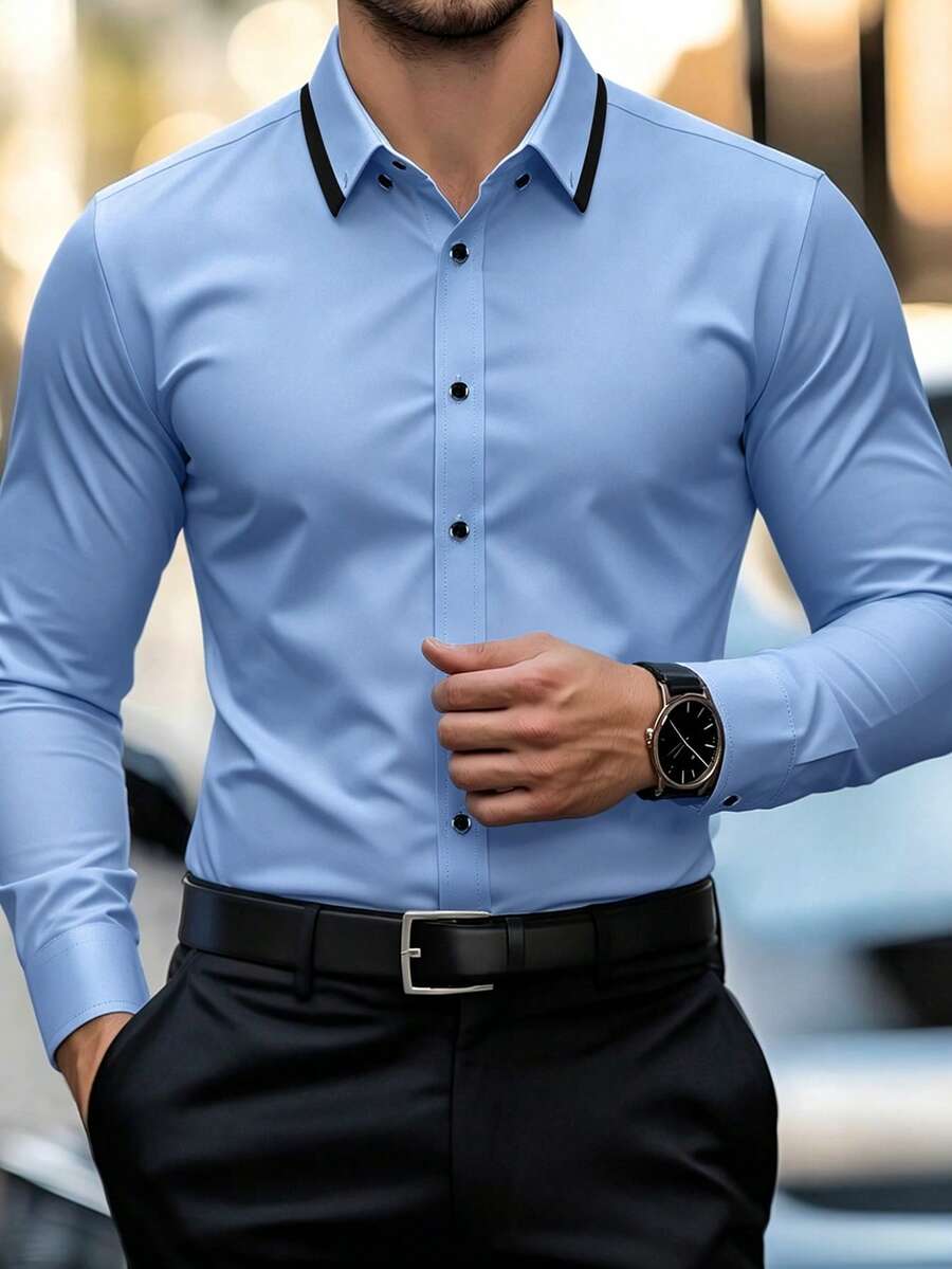 Manfinity Mode Men's Solid Color Plain Button Open Long Sleeve Shirt, For Husband, Work, Fall, Old Money Style, Formal - Baby Blue - View 1
