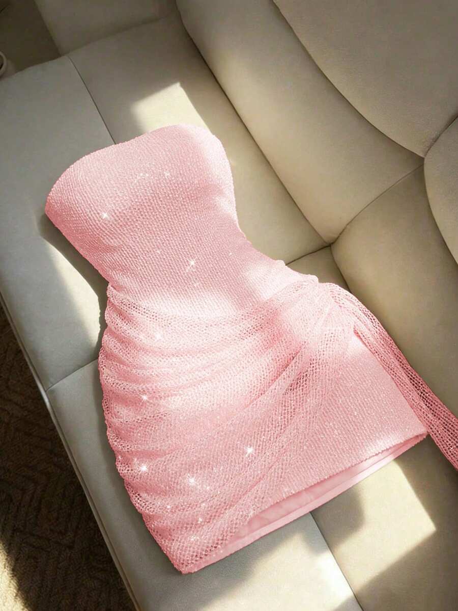 SHEIN LUNE 女款優雅性感派對抹胸短款亮片網紗布料不對稱荷葉邊下擺雞尾酒洋裝 - 粉色 - 查看 1