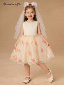 SHEIN Glamorique Kids 少女缎面无袖杏色撞色网纱蝴蝶结装饰公主裙，适合派对、婚礼、节日等场合。 - 杏色 - 查看 11