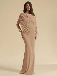 SHEIN BAE Khaki Off-Shoulder Ruched Fitted Elegant Dress, Tight Fitted Elegant Dress, Flowing Dress Dinner Date Summer - Khaki - View 3