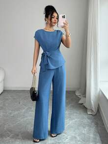 SHEIN PETITE 女款優雅夏季水藍色通勤休閒百褶可調腰蝴蝶結襯衫與高腰口袋寬鬆寬腿褲套裝，2件組，適合嬌小女性 - 藍色 - 查看 7