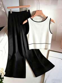 SHEIN Franclia Women's Casual Round Neck Sleeveless Fitted Wide Leg Pants Outdoor Holiday Travel Daily Wear 2 Pieces Set Vacation White Black Summer - Black - View 2