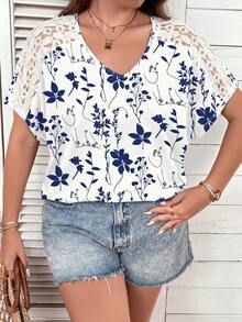 Comfylo Plus Size V-Neck Hollow Floral Print Casual Short Sleeve T-Shirt, Summer - Multicolor - View 4