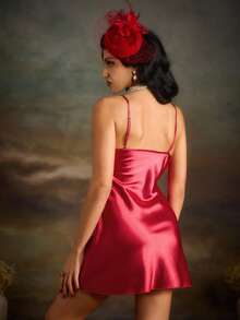 PinupPomp Contrast Lace Split Hem Satin Cami Pajama Nightdress Luxeloungewear - Burgundy - View 3