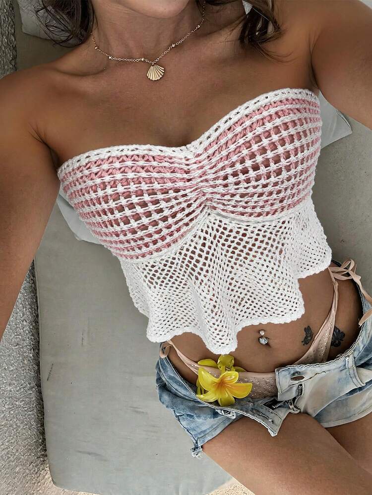 Women's Contrast Color Hollow Out Casual Vacation Tube Top