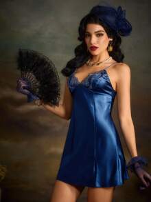 PinupPomp Women's Lace Patchwork Camisole Pajama Night Dress Luxeloungewear - Blue - View 5