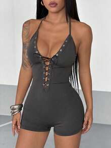 StreetHx Women's Casual Halter Deep V Keyhole Tie Front Jumpsuit In Black - Dark Grey - View 3