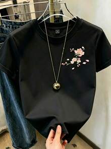 Resyla 女士圆领花卉仿刺绣图案人造珍珠装饰休闲百搭短袖T恤 - 黑色 - 查看 3